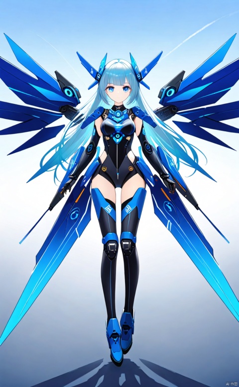 1girl, solo, long hair, breasts, looking at viewer, bangs, blue eyes, medium breasts, closed mouth, standing,blue wings, gradient, gradient background, headgear, arms at sides,mecha musume, joints, robot joints, mechanical wings,mouth,Floating,sky,fly in the air,engulfing lightning (genshin impact)
