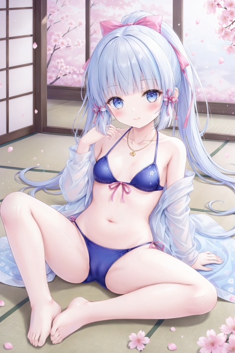1girl, solo, long hair, breasts, looking at viewer, blush, smile, bangs, blue eyes, hair ornament, ribbon, navel, bare shoulders, jewelry, sitting, very long hair, closed mouth, blue hair, collarbone, swimsuit, full body, hair ribbon, ponytail, white hair, sidelocks, bikini, thighs, small breasts, japanese clothes, open clothes, barefoot, blunt bangs, necklace, off shoulder, stomach, feet, legs, petals, bare legs, toes, cameltoe, arm support, soles, cherry blossoms, knees up, blue bikini, pink ribbon, tatami, east asian architecture, kamisato ayaka