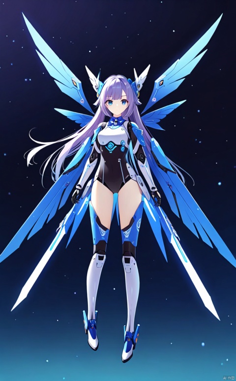 1girl, solo, long hair, breasts, looking at viewer, bangs, blue eyes, medium breasts, closed mouth, standing,blue wings, gradient, gradient background, headgear, arms at sides,mecha musume, joints, robot joints, mechanical wings,mouth,Floating,sky,fly in the air,keqing (genshin impact)