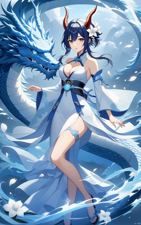  1girl, solo, breasts, looking at viewer, bangs, hair ornament, dress, cleavage, hair between eyes, bare shoulders, medium breasts,flower, sidelocks, parted lips, detached sleeves, horns, hair flower, white dress, white flower, short hair with long locks, dragon,Oriental Dragon, loong,full body,engulfing lightning (genshin impact)