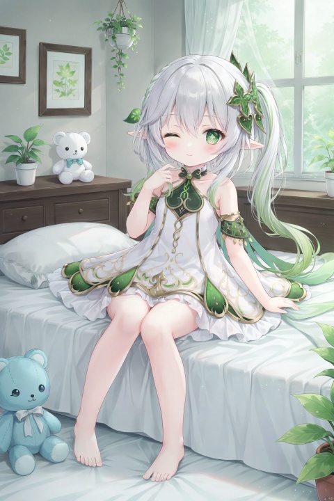 1girl, solo, long hair, looking at viewer, blush, smile, bangs, hair ornament, dress, hair between eyes, bare shoulders, sitting, closed mouth, green eyes, collarbone, full body, white hair, multicolored hair, small breasts, frills, one eye closed, green hair, barefoot, sleeveless, pointy ears, indoors, hand up, white dress, side ponytail, feet, pillow, symbol-shaped pupils, bare arms, bare legs, window, bed, gradient hair, toes, sleeveless dress, bed sheet, on bed, stuffed toy, frilled dress, stuffed animal, plant, curtains, knees together feet apart, female child, potted plant, bedroom, picture frame, cross-shaped pupils, nahida \(genshin impact\)