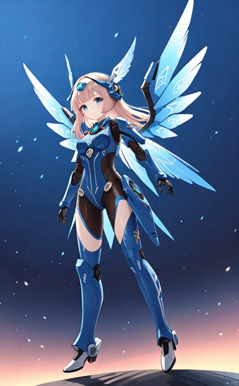 1girl, solo, long hair, breasts, looking at viewer, bangs, blue eyes, medium breasts, closed mouth, standing,blue wings, gradient, gradient background, headgear, arms at sides,mecha musume, joints, robot joints, mechanical wings,mouth,Floating,sky,fly in the air,klee (genshin impact)