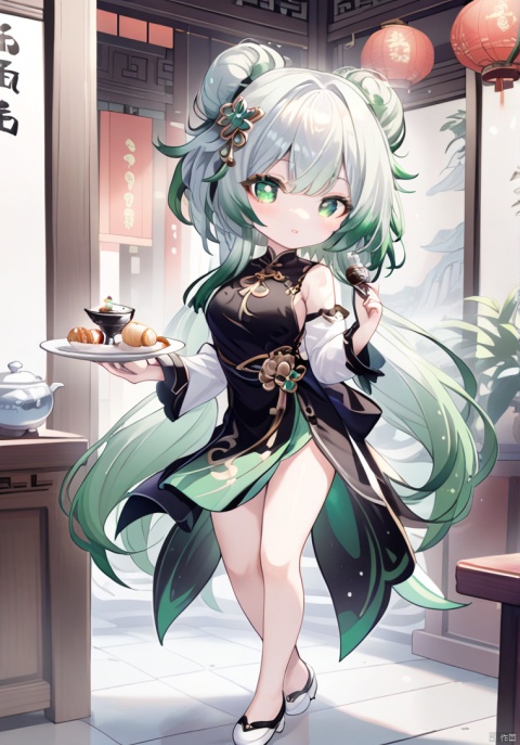  1girl, solo, :) ,double_buns,black clothes,Chinese clothes,standing,Chinese restaurant, waiter, holding plate,(chibi:0.1), masterpiece,bestquality, white hair,green hair,green eyes,symbol-shaped pupils, bangs, breasts,cross-shaped pupils, hair ornament, gradient hair,bare foot, nahida (genshin impact),full body