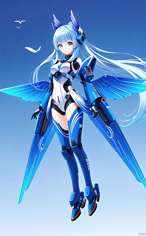 1girl, solo, long hair, breasts, looking at viewer, bangs, blue eyes, medium breasts, closed mouth, standing,blue wings, gradient, gradient background, headgear, arms at sides,mecha musume, joints, robot joints, mechanical wings,mouth,Floating,sky,fly in the air,sangonomiya kokomi