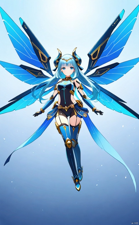 1girl, solo, long hair, breasts, looking at viewer, bangs, blue eyes, medium breasts, closed mouth, standing,blue wings, gradient, gradient background, headgear, arms at sides,mecha musume, joints, robot joints, mechanical wings,mouth,Floating,sky,fly in the air,nilou (genshin impact)