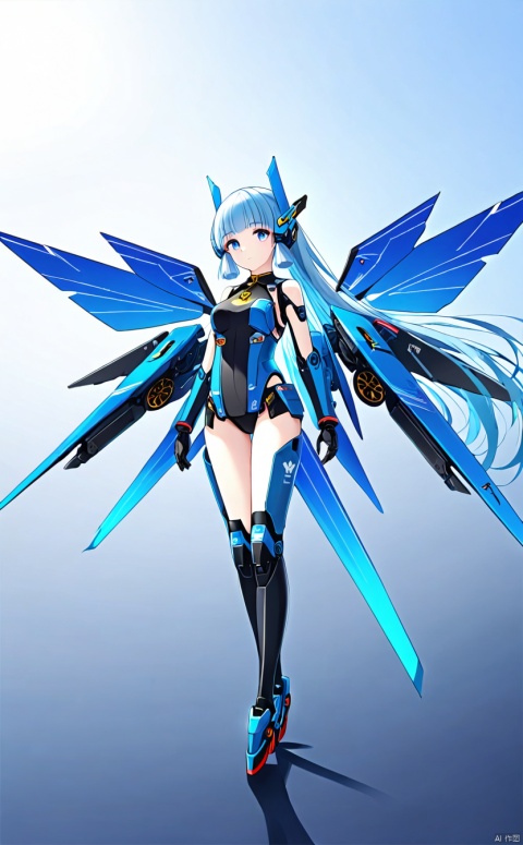 1girl, solo, long hair, breasts, looking at viewer, bangs, blue eyes, medium breasts, closed mouth, standing,blue wings, gradient, gradient background, headgear, arms at sides,mecha musume, joints, robot joints, mechanical wings,mouth,Floating,sky,fly in the air,kamisato ayaka