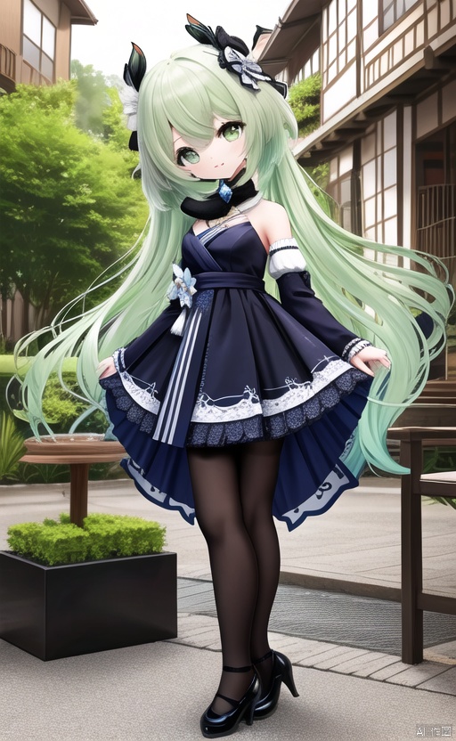 1girl, solo, long hair, looking at viewer,green hair, green eyes, dress, holding, standing, full body, pantyhose, outdoors, detached sleeves, black footwear, black dress, high heels, head tilt, black pantyhose, plant,hand fan,folding fan, holding fan,nahida (genshin impact)