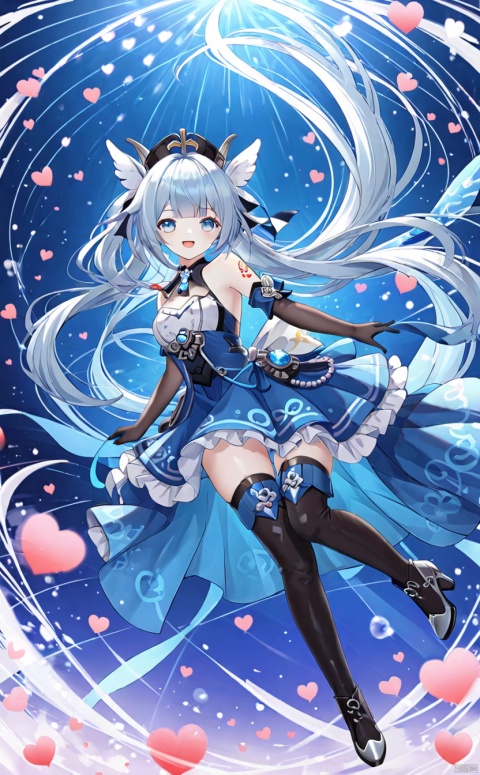  tianqijijijia, solo, 1girl, long hair,open mouth, gloves, smile, looking at viewer, bangs, full body, mecha musume, dress, high heels,boots, tattoo, thighhighs,breasts, elbow gloves, heart, bare shoulders,dress, floating hair, high heel boots, thigh boots, inksketch,barbara (genshin impact)

