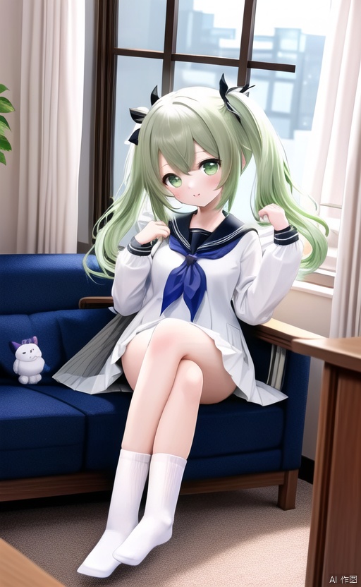 1girl, solo, long hair, bangs, shirt,green eyes, green hair, long sleeves, holding, twintails, sitting, school uniform, full body, white shirt, serafuku, socks, indoors, sailor collar, neckerchief, hands up, window, no shoes,crossed legs, cellphone, curtains, white socks, couch,nahida (genshin impact)