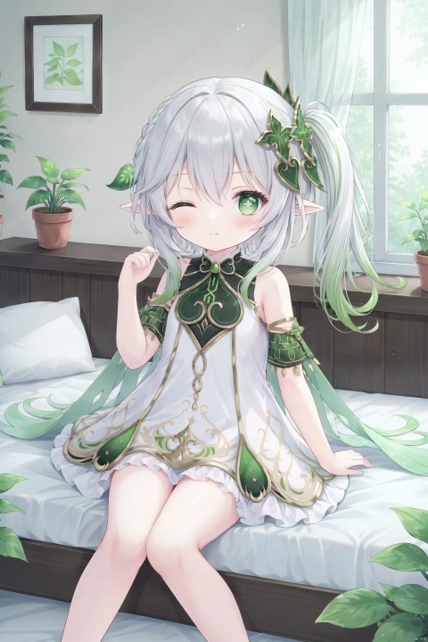 1girl, solo, long hair, looking at viewer, blush, smile, bangs, hair ornament, dress, hair between eyes, bare shoulders, sitting, closed mouth, green eyes, white hair, short sleeves, multicolored hair, frills, detached sleeves, one eye closed, green hair, sleeveless, pointy ears, indoors, hand up, white dress, side ponytail, pillow, symbol-shaped pupils, window, bed, gradient hair, sleeveless dress, feet out of frame, on bed, frilled dress, plant, curtains, knees together feet apart, ;\), potted plant, picture frame, cross-shaped pupils, nahida \(genshin impact\)