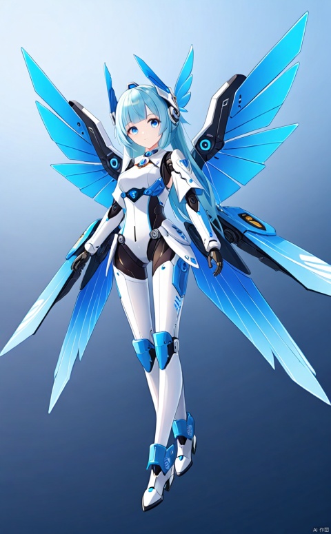 1girl, solo, long hair, breasts, looking at viewer, bangs, blue eyes, medium breasts, closed mouth, standing,blue wings, gradient, gradient background, headgear, arms at sides,mecha musume, joints, robot joints, mechanical wings,mouth,Floating,sky,fly in the air,barbara (genshin impact)