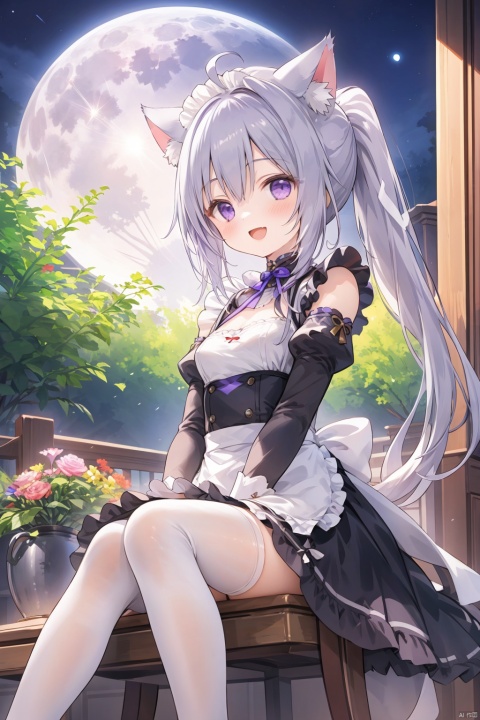  1girl, solo, ponytail, smile, white hair, cute, purple eyes,long sleeve,open mouth,(maid_costume),maid_dress,small breasts, ahoge, thigh,flowers, sitting on tree, [[full moon]],night,cat ear,nahida (genshin impact),white stockings,(Young female genitalia:1.2),
