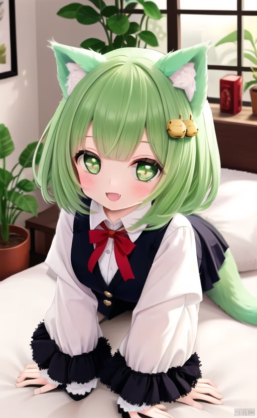 1girl, solo, breasts, looking at viewer, blush, smile, short hair, open mouth, bangs,green eyes, shirt, hair ornament,green hair, gloves, long sleeves, bow, animal ears, medium breasts, tail, white shirt, :d, pantyhose, frills, fang, puffy sleeves, collared shirt, indoors, virtual youtuber, cat ears, white gloves, blunt bangs, vest, collar, cat tail, animal ear fluff, pillow, black pantyhose, symbol-shaped pupils, window, bell, bed, bed sheet, on bed, heart-shaped pupils, hair intakes, plant, cat girl, all fours, jingle bell, puffy long sleeves, animal hands, hair bell, leash, potted plant, green vest