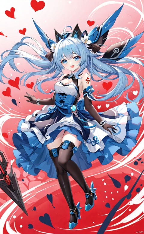  tianqijijijia, solo, 1girl, long hair,open mouth, gloves, smile, looking at viewer, bangs, full body, mecha musume, dress, high heels,boots, tattoo, thighhighs,breasts, elbow gloves, heart, bare shoulders,dress, floating hair, high heel boots, thigh boots, inksketch,barbara (genshin impact)
