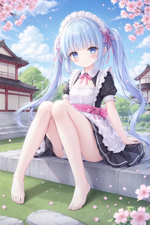 1girl, solo, long hair, breasts, looking at viewer, blush, smile, bangs, blue eyes, skirt, dress, ribbon, twintails, sitting, very long hair, closed mouth, underwear, blue hair, panties, full body, hair ribbon, short sleeves, sidelocks, thighs, small breasts, outdoors, frills, sky, barefoot, alternate costume, day, cloud, blunt bangs, white panties, apron, feet, tree, blue sky, legs, maid, sash, maid headdress, petals, bare legs, toes, cherry blossoms, white apron, knees up, pink flower, pink ribbon, architecture, flower knot, kamisato ayaka