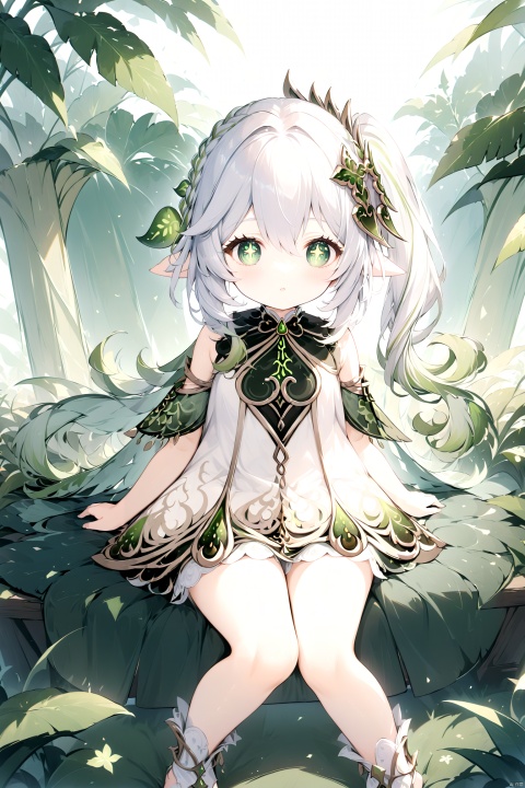  best_quality, extremely detailed details, loli,1_girl,solo,cute_face,pretty face,extremely delicate and beautiful girls,(beautiful detailed eyes), green_eyes,cross_eyes,+_+,white_hair,green_hair,long_ponytail,barefoot,long_dress,Crown, crown of grass, throne,sitting on the seat of God,king,Surrounding green plants,god,
nahida, nahida (genshin impact), bailing_light element, concept art, onnk, shining,nahida (genshin impact)