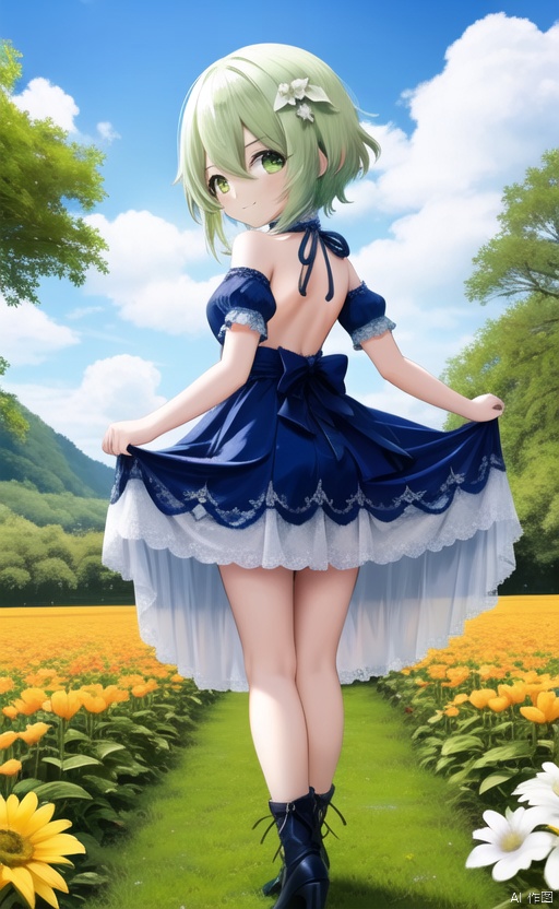 1girl, solo, breasts, looking at viewer, short hair, bangs,green hair, green eyes, dress, hair between eyes, closed mouth, standing, flower, short sleeves, outdoors, sky, day, puffy sleeves, shiny, looking back, cloud, from behind, shiny hair, tree, blue dress, short dress, pink flower, backless outfit, yellow flower, skirt hold, shoulder blades, backless dress, field,nahida (genshin impact)