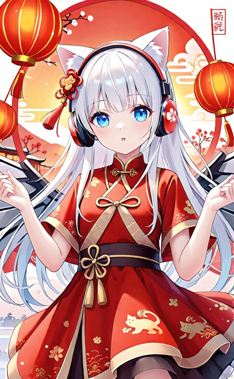 A girl, Long white hair, Bangs, Blue eyes, The sun is bright and bright, Metal wings, Wearing headphones., Cat ear hair accessory, Red festive costumes, The lively atmosphere of the Chinese New Year, Pink Mecha