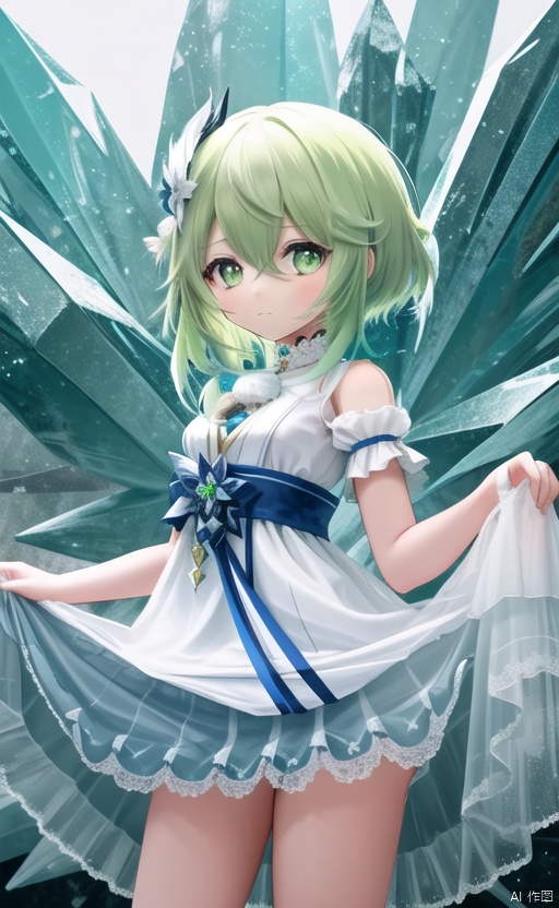 1girl, solo, breasts, looking at viewer, short hair, bangs,green eyes, green hair, dress, hair between eyes, jewelry, closed mouth, small breasts, white dress, frown, ice, crystal, skirt hold,nahida (genshin impact)