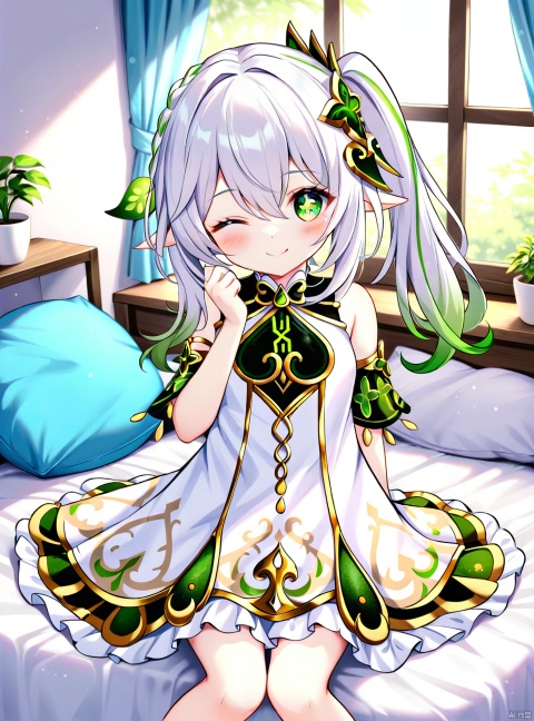 1girl, solo, long hair, looking at viewer, blush, smile, bangs, hair ornament, dress, hair between eyes, bare shoulders, sitting, closed mouth, green eyes, white hair, short sleeves, multicolored hair, frills, detached sleeves, one eye closed, green hair, sleeveless, pointy ears, indoors, hand up, white dress, side ponytail, pillow, symbol-shaped pupils, window, bed, gradient hair, sleeveless dress, feet out of frame, on bed, frilled dress, plant, curtains, knees together feet apart, ;\), potted plant, picture frame, cross-shaped pupils, nahida \(genshin impact\)