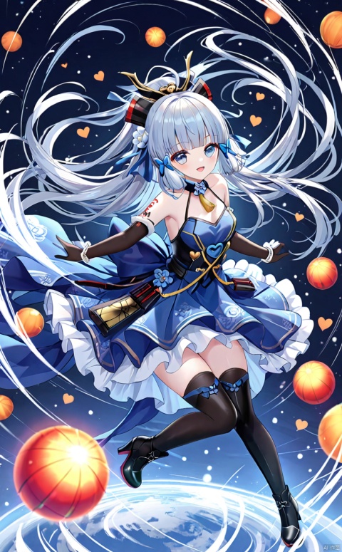  tianqijijijia, solo, 1girl, long hair,open mouth, gloves, smile, looking at viewer, bangs, full body, mecha musume, dress, high heels,boots, tattoo, thighhighs,breasts, elbow gloves, heart, bare shoulders,dress, floating hair, high heel boots, thigh boots, inksketch,kamisato ayaka
