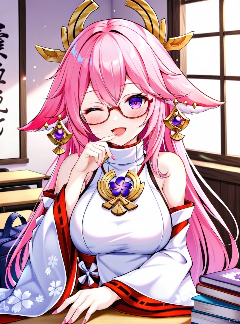 1girl, solo, long hair, breasts, looking at viewer, blush, smile, open mouth, bangs, large breasts, shirt, hair ornament, long sleeves, animal ears, hair between eyes, bare shoulders, jewelry, sitting, purple eyes, white shirt, upper body, pink hair, earrings, detached sleeves, one eye closed, japanese clothes, glasses, sleeveless, indoors, wide sleeves, bag, book, fox ears, window, sleeveless shirt, ;d, pink nails, desk, nontraditional miko, bespectacled, floppy ears, yae miko
