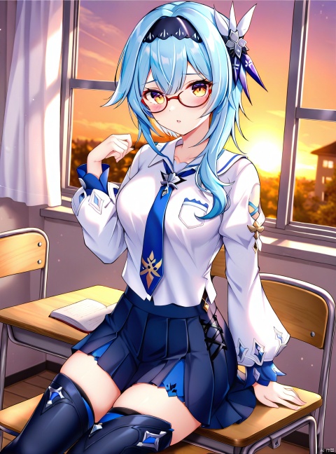 1girl, solo, long hair, breasts, looking at viewer, blush, bangs, hair ornament, thighhighs, long sleeves, sitting, school uniform, blue hair, yellow eyes, sidelocks, hairband, necktie, glasses, indoors, bag, book, window, chair, table, desk, sunset, bespectacled, blue necktie, classroom, school desk, eula \(genshin impact\)