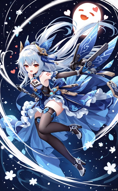  tianqijijijia, solo, 1girl, long hair,open mouth, gloves, smile, looking at viewer, bangs, full body, mecha musume, dress, high heels,boots, tattoo, thighhighs,breasts, elbow gloves, heart, bare shoulders,dress, floating hair, high heel boots, thigh boots, inksketch,boo tao (genshin impact)
