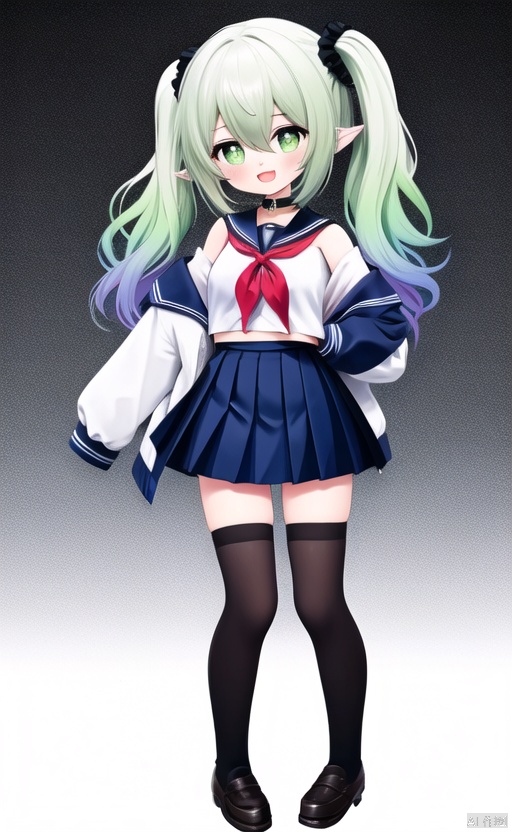 1girl, solo, long hair, looking at viewer, blush, smile, open mouth, bangs, skirt, simple background, shirt, hair ornament, thighhighs, long sleeves, white background, hair between eyes, twintails, school uniform, green eyes, standing, jacket, full body, white shirt, white hair, :d, multicolored hair, pleated skirt, green hair, open clothes, shoes, serafuku, alternate costume, pointy ears, socks, puffy sleeves, sailor collar, off shoulder, white thighhighs, open jacket, blue skirt, neckerchief, sleeves past wrists, symbol-shaped pupils, gradient hair, brown footwear, scrunchie, white socks, blue sailor collar, loafers, red neckerchief, hair scrunchie, puffy long sleeves, nahida \(genshin impact\)