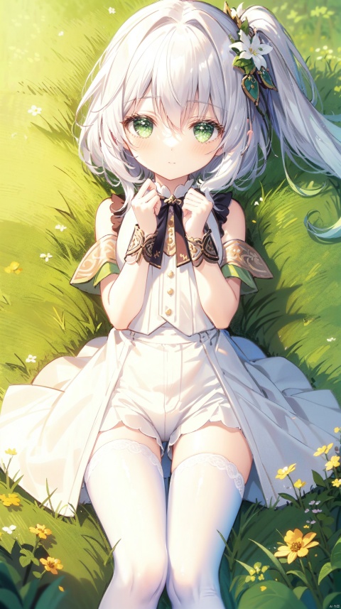  1girl, solo, masterpiece, best quality, 8k,high detailed,beautiful face, young girl, detailed eyes,Perfect picture quality

white pantyhose, nahidadef, nahidarnd,

White Hair with green tips,There is a cross in the green eyes,loli

Lie flat on the grass,There are flowers around,Put your hands behind your back,Wearing White Stockings,Wearing a white lace vest,Wearing Jean shorts 