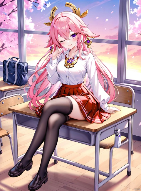 1girl, solo, long hair, breasts, looking at viewer, blush, smile, bangs, skirt, shirt, hair ornament, thighhighs, long sleeves, animal ears, hair between eyes, jewelry, medium breasts, sitting, very long hair, closed mouth, school uniform, purple eyes, full body, white shirt, pink hair, thighs, pleated skirt, earrings, one eye closed, japanese clothes, shoes, black thighhighs, indoors, hand up, bag, black footwear, zettai ryouiki, fox ears, window, red skirt, chair, crossed legs, cherry blossoms, loafers, desk, school bag, sunset, vision \(genshin impact\), classroom, school desk, on desk, school chair, sitting on desk, yae miko