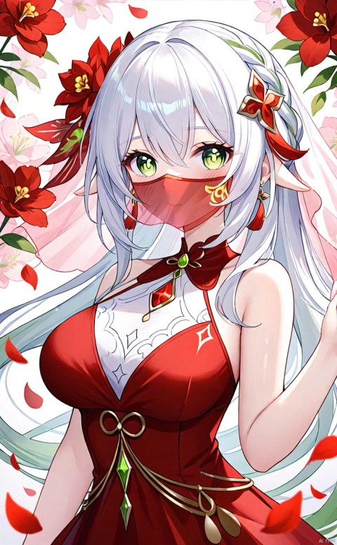 1girl, solo, long hair, breasts, looking at viewer, blush, bangs, large breasts, hair ornament, dress, bare shoulders, jewelry, very long hair, closed mouth,upper body,braid, flower, earrings, sleeveless, alternate costume,bare arms, petals,single braid, sleeveless dress, red dress, gem, tassel, veil, braided ponytail, falling petals, mouth veil,nahida (genshin impact)