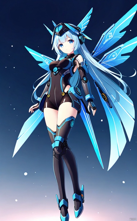 1girl, solo, long hair, breasts, looking at viewer, bangs, blue eyes, medium breasts, closed mouth, standing,blue wings, gradient, gradient background, headgear, arms at sides,mecha musume, joints, robot joints, mechanical wings,mouth,Floating,sky,fly in the air,boo tao (genshin impact)