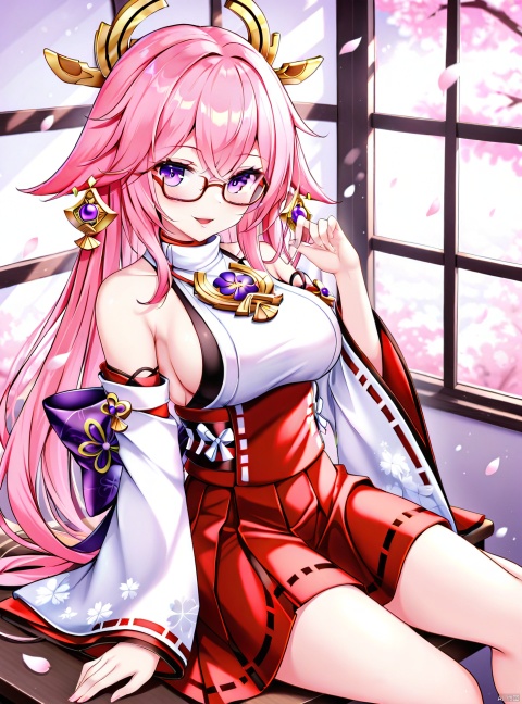 1girl, solo, long hair, breasts, looking at viewer, blush, smile, open mouth, bangs, skirt, large breasts, shirt, hair ornament, long sleeves, animal ears, hair between eyes, bare shoulders, jewelry, medium breasts, sitting, very long hair, purple eyes, white shirt, pink hair, earrings, parted lips, detached sleeves, japanese clothes, glasses, sleeveless, indoors, hand up, wide sleeves, petals, fox ears, window, sleeveless shirt, sideboob, red skirt, cherry blossoms, desk, nontraditional miko, white sleeves, bespectacled, yae miko