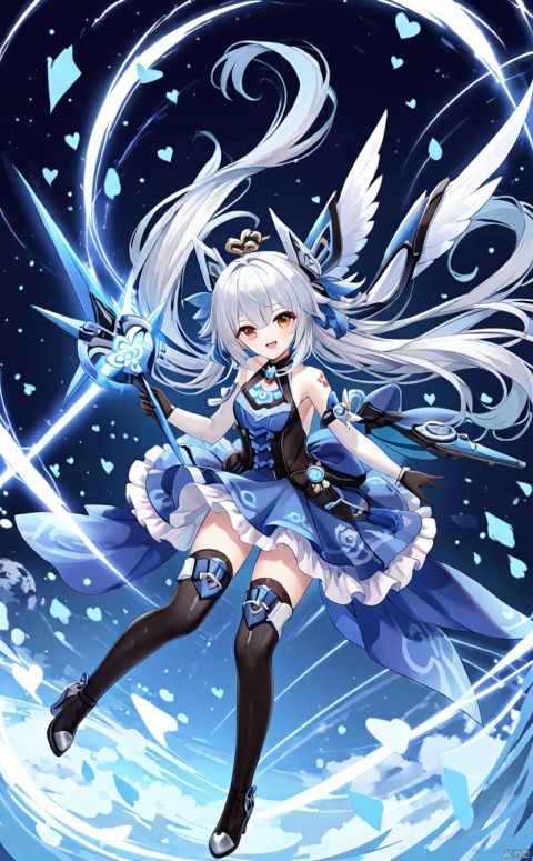  tianqijijijia, solo, 1girl, long hair,open mouth, gloves, smile, looking at viewer, bangs, full body, mecha musume, dress, high heels,boots, tattoo, thighhighs,breasts, elbow gloves, heart, bare shoulders,dress, floating hair, high heel boots, thigh boots, inksketch,engulfing lightning (genshin impact)