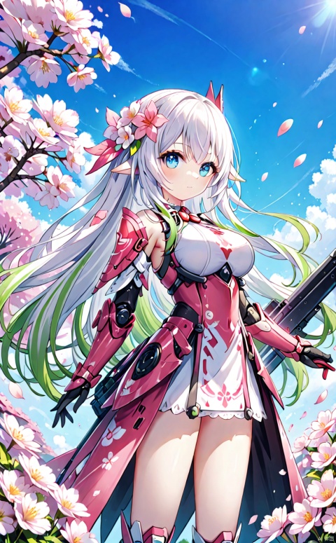  1girl, solo, long hair, breasts, bangs, blue eyes, large breasts, closed mouth, standing, flower, white hair, outdoors, sky, day, cloud, hair flower, armor,blue sky, petals, profile, cherry blossoms, pink flower,pink mecha musume,looking at viewer,nahida