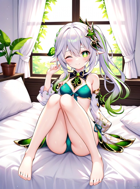 1girl, solo, long hair, breasts, looking at viewer, blush, smile, bangs, hair ornament, hair between eyes, bare shoulders, sitting, closed mouth, underwear, green eyes, swimsuit, full body, white hair, sidelocks, bikini, thighs, multicolored hair, small breasts, detached sleeves, one eye closed, green hair, barefoot, pointy ears, indoors, hand up, side ponytail, feet, two-tone hair, legs, pillow, symbol-shaped pupils, bare legs, window, bed, gradient hair, detached collar, toes, side-tie bikini bottom, bed sheet, arm support, on bed, bug, plant, curtains, butterfly, front-tie top, knees up, knees together feet apart, ;\), front-tie bikini top, potted plant, green bikini, bedroom, leaf hair ornament, cross-shaped pupils, nahida \(genshin impact\)