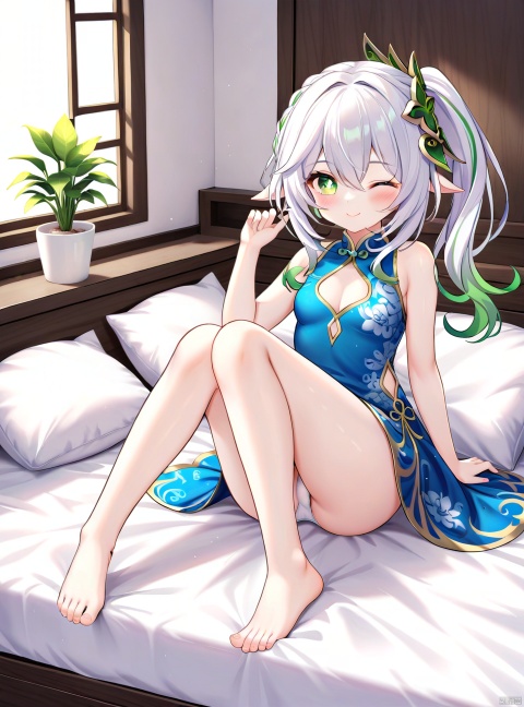 1girl, solo, long hair, breasts, looking at viewer, blush, smile, bangs, hair ornament, dress, hair between eyes, bare shoulders, sitting, closed mouth, underwear, green eyes, panties, braid, white hair, thighs, multicolored hair, small breasts, one eye closed, green hair, barefoot, sleeveless, alternate costume, pointy ears, indoors, hand up, side ponytail, feet, legs, pillow, symbol-shaped pupils, bare arms, clothing cutout, bare legs, bed, gradient hair, toes, sleeveless dress, blue dress, on bed, chinese clothes, cleavage cutout, plant, china dress, ;\), potted plant, nahida \(genshin impact\)