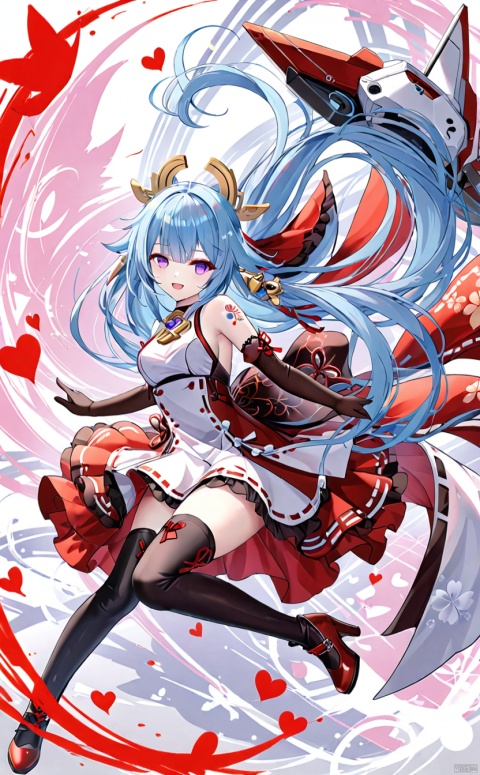  tianqijijijia, solo, 1girl, long hair,open mouth, gloves, smile, looking at viewer, bangs, full body, mecha musume, dress, high heels,boots, tattoo, thighhighs,breasts, elbow gloves, heart, bare shoulders,dress, floating hair, high heel boots, thigh boots, inksketch,yae miko (fox)

