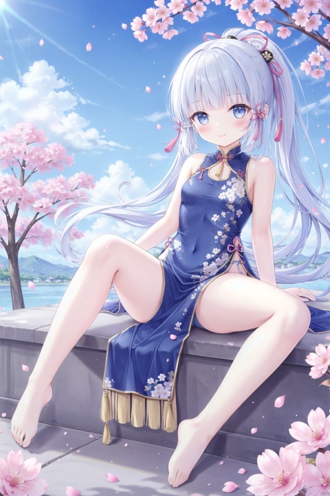 1girl, solo, long hair, breasts, looking at viewer, blush, smile, bangs, blue eyes, hair ornament, dress, ribbon, bare shoulders, sitting, very long hair, closed mouth, underwear, blue hair, panties, full body, hair ribbon, ponytail, white hair, sidelocks, thighs, small breasts, outdoors, sky, barefoot, sleeveless, day, cloud, blunt bangs, feet, tree, blue sky, legs, bare arms, petals, bare legs, toes, sleeveless dress, blue dress, chinese clothes, soles, cherry blossoms, tassel, china dress, pelvic curtain, pink ribbon, blue panties, flower knot, kamisato ayaka