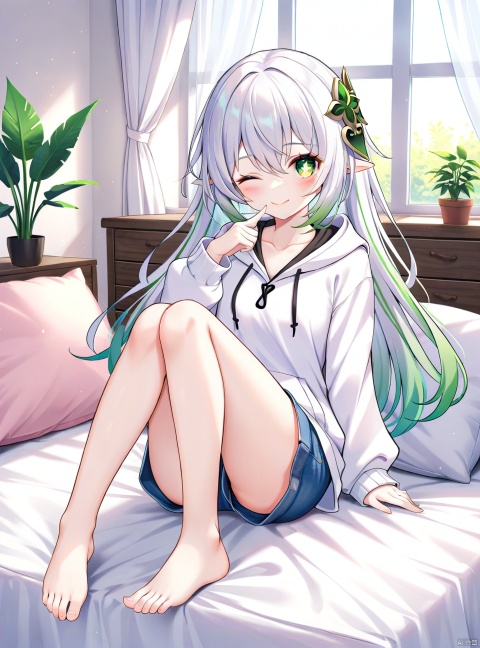 1girl, solo, long hair, looking at viewer, blush, smile, bangs, hair ornament, long sleeves, hair between eyes, sitting, closed mouth, green eyes, collarbone, full body, white hair, multicolored hair, one eye closed, green hair, shorts, barefoot, alternate costume, pointy ears, indoors, hand up, hood, feet, legs, pillow, symbol-shaped pupils, short shorts, bare legs, window, bed, hoodie, gradient hair, toes, on bed, hood down, plant, denim, curtains, knees up, finger to mouth, blue shorts, denim shorts, knees together feet apart, ;\), drawstring, potted plant, bedroom, white hoodie, nahida \(genshin impact\)