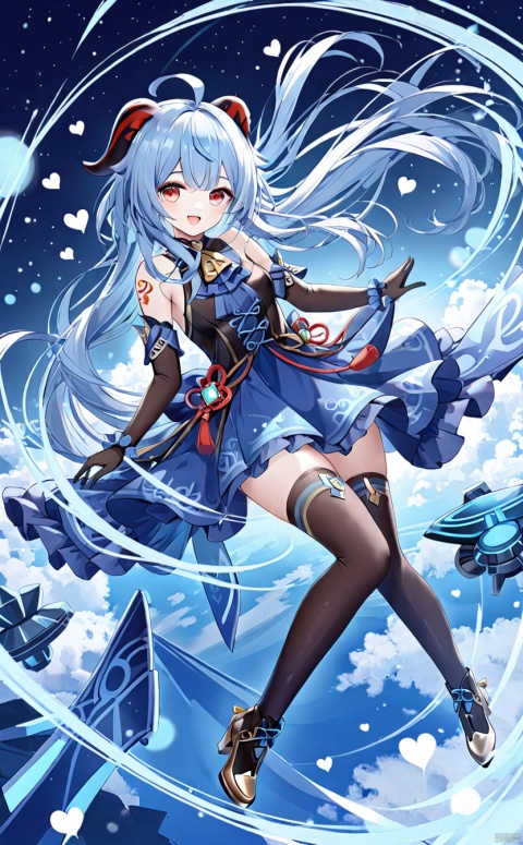  tianqijijijia, solo, 1girl, long hair,open mouth, gloves, smile, looking at viewer, bangs, full body, mecha musume, dress, high heels,boots, tattoo, thighhighs,breasts, elbow gloves, heart, bare shoulders,dress, floating hair, high heel boots, thigh boots, inksketch,ganyu (genshin impact)
