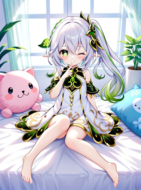 1girl, solo, long hair, looking at viewer, blush, smile, bangs, hair ornament, dress, hair between eyes, bare shoulders, sitting, closed mouth, green eyes, white hair, multicolored hair, frills, detached sleeves, one eye closed, green hair, barefoot, sleeveless, pointy ears, indoors, hand up, white dress, side ponytail, pillow, symbol-shaped pupils, bare legs, window, bed, gradient hair, toes, sleeveless dress, feet out of frame, bed sheet, on bed, stuffed toy, plant, curtains, veil, finger to mouth, knees together feet apart, ;\), female child, potted plant, bedroom, cross-shaped pupils, nahida \(genshin impact\)