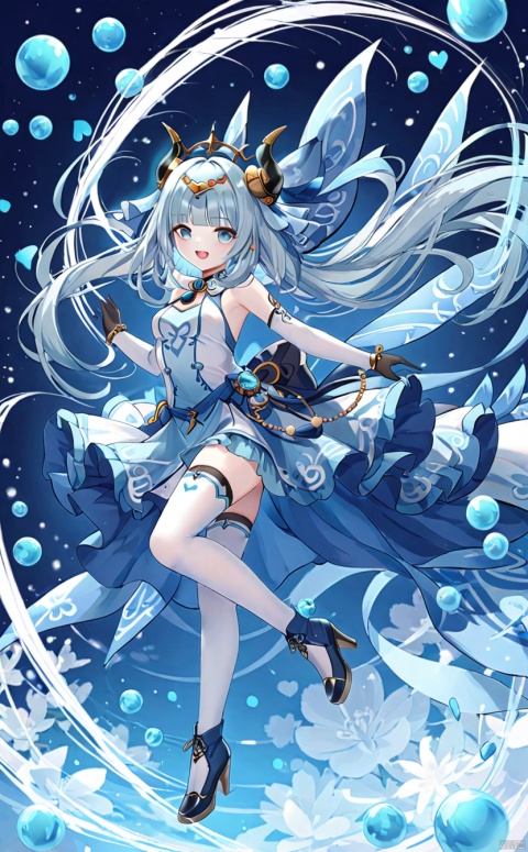  tianqijijijia, solo, 1girl, long hair,open mouth, gloves, smile, looking at viewer, bangs, full body, mecha musume, dress, high heels,boots, tattoo, thighhighs,breasts, elbow gloves, heart, bare shoulders,dress, floating hair, high heel boots, thigh boots, inksketch,nilou (genshin impact)
