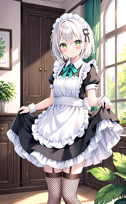 1girl, solo, looking at viewer, blush, smile, short hair, bangs, hair ornament, thighhighs, dress, hair between eyes, closed mouth, green eyes, standing, white hair, short sleeves, frills, day, puffy sleeves, indoors, apron, black dress, puffy short sleeves, zettai ryouiki, wrist cuffs, maid, maid headdress, window, feet out of frame, garter straps, sunlight, plant, fishnets, white apron, maid apron, frilled apron, skirt hold, collared dress, brown thighhighs, fishnet thighhighs, cabinet