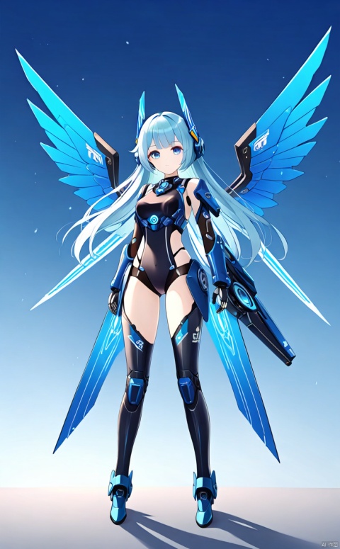 1girl, solo, long hair, breasts, looking at viewer, bangs, blue eyes, medium breasts, closed mouth, standing,blue wings, gradient, gradient background, headgear, arms at sides,mecha musume, joints, robot joints, mechanical wings,mouth,Floating,sky,fly in the air,jean (genshin impact)
