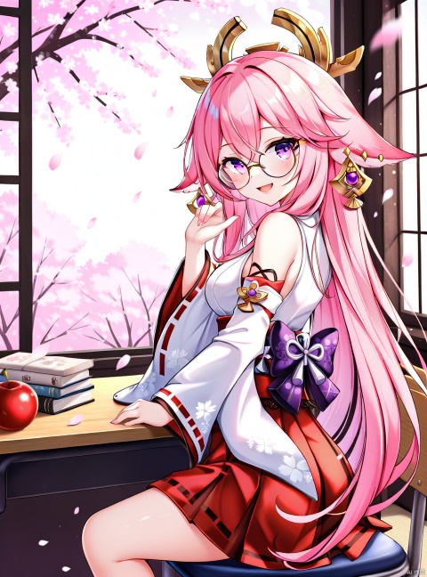 1girl, solo, long hair, breasts, looking at viewer, blush, smile, open mouth, bangs, skirt, shirt, hair ornament, long sleeves, animal ears, hair between eyes, medium breasts, sitting, very long hair, purple eyes, white shirt, pink hair, detached sleeves, japanese clothes, glasses, looking back, indoors, hand up, wide sleeves, bag, tree, book, petals, fox ears, window, red skirt, cherry blossoms, desk, bespectacled, round eyewear, yae miko