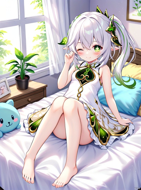 1girl, solo, long hair, looking at viewer, blush, smile, bangs, hair ornament, dress, hair between eyes, bare shoulders, sitting, closed mouth, green eyes, collarbone, full body, white hair, multicolored hair, small breasts, frills, one eye closed, green hair, barefoot, sleeveless, pointy ears, indoors, hand up, white dress, side ponytail, feet, pillow, symbol-shaped pupils, bare arms, bare legs, window, bed, gradient hair, toes, sleeveless dress, bed sheet, on bed, stuffed toy, frilled dress, stuffed animal, plant, curtains, knees together feet apart, female child, potted plant, bedroom, picture frame, cross-shaped pupils, nahida \(genshin impact\)