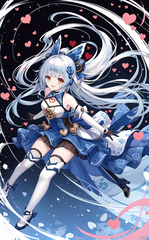  tianqijijijia, solo, 1girl, long hair,open mouth, gloves, smile, looking at viewer, bangs, full body, mecha musume, dress, high heels,boots, tattoo, thighhighs,breasts, elbow gloves, heart, bare shoulders,dress, floating hair, high heel boots, thigh boots, inksketch,Qi Liangliang
