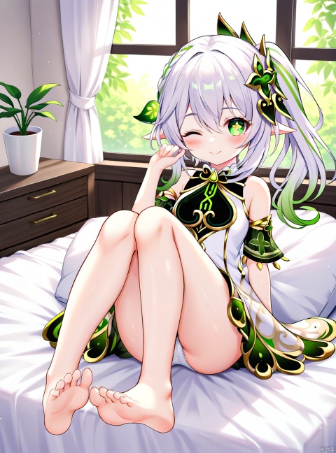 1girl, solo, long hair, breasts, looking at viewer, blush, smile, bangs, hair ornament, dress, hair between eyes, bare shoulders, sitting, closed mouth, underwear, green eyes, panties, full body, braid, white hair, short sleeves, multicolored hair, small breasts, detached sleeves, one eye closed, green hair, barefoot, sleeveless, pointy ears, indoors, hand up, white dress, white panties, side ponytail, feet, legs, pillow, symbol-shaped pupils, bare legs, window, bed, gradient hair, toes, sleeveless dress, bed sheet, on bed, soles, short dress, pantyshot, plant, knees up, ;\), potted plant, leaf hair ornament, cross-shaped pupils, nahida \(genshin impact\)